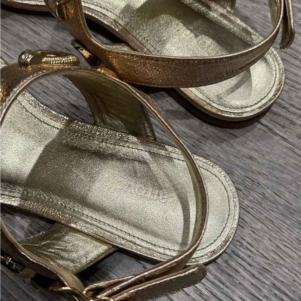 LARROUDE PREOWNED MADISON GOLD LEATHER SHELL SANDALS 6 ANTHROPOLOGIE - Picture 13 of 16
